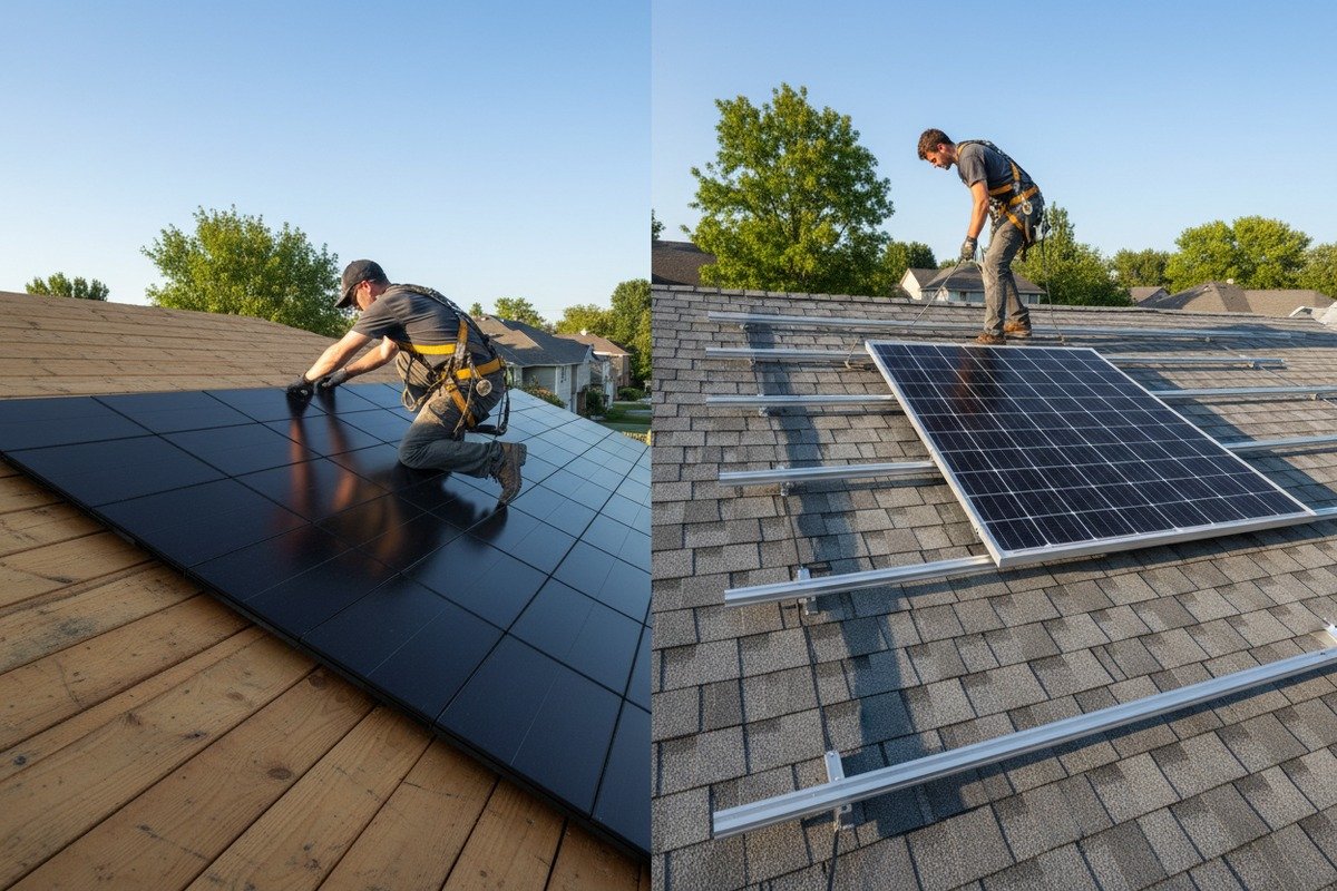 Comparing solar shingles and traditional solar panel installation methods for professional roofing companies (ID#1)