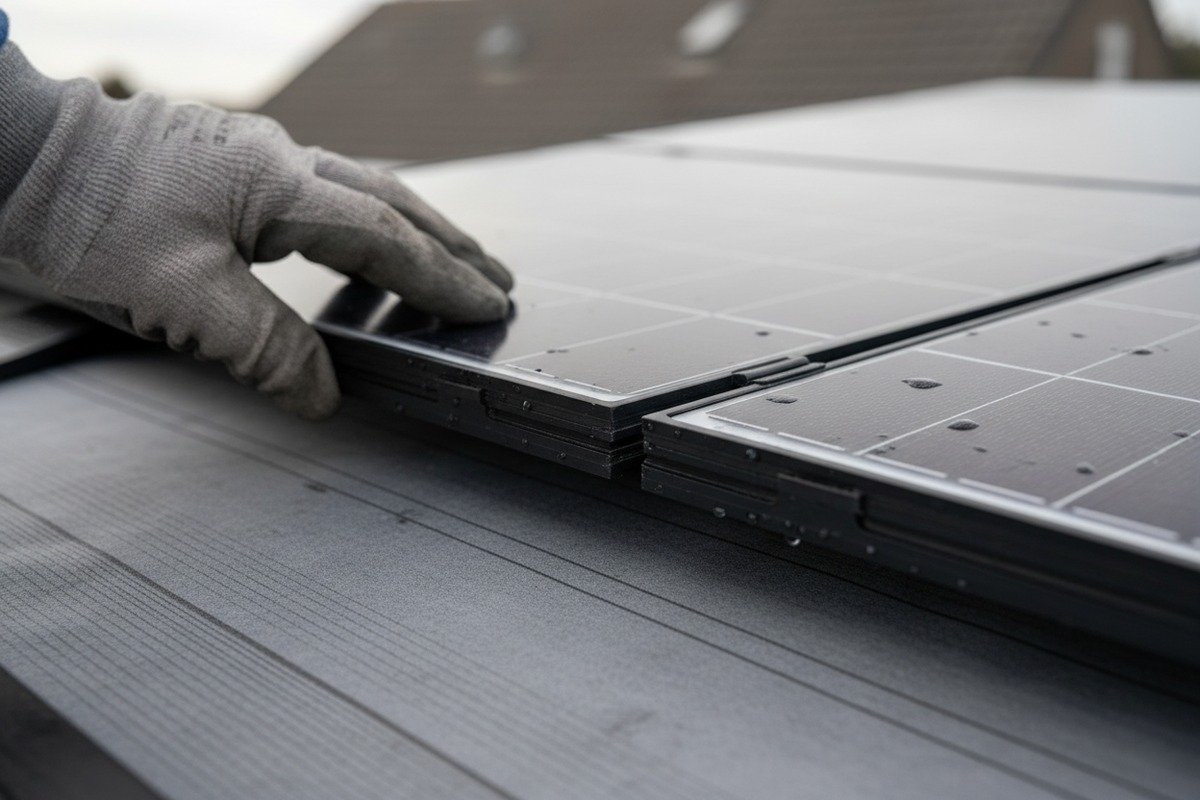 Integrated solar tiles maintaining high waterproofing standards with interlocking channels and professional flashing (ID#3)
