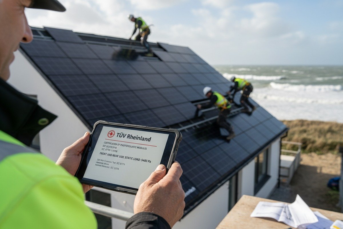 Verifying TUV and CE certifications for coastal wind load standards and IEC 61215 testing (ID#2)