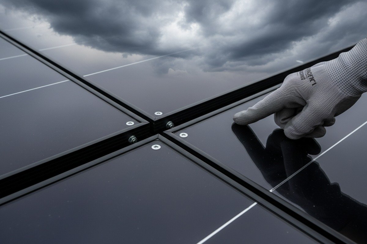Interlocking solar shingle design security during Grade 15 wind storms and 5400 Pa testing (ID#3)