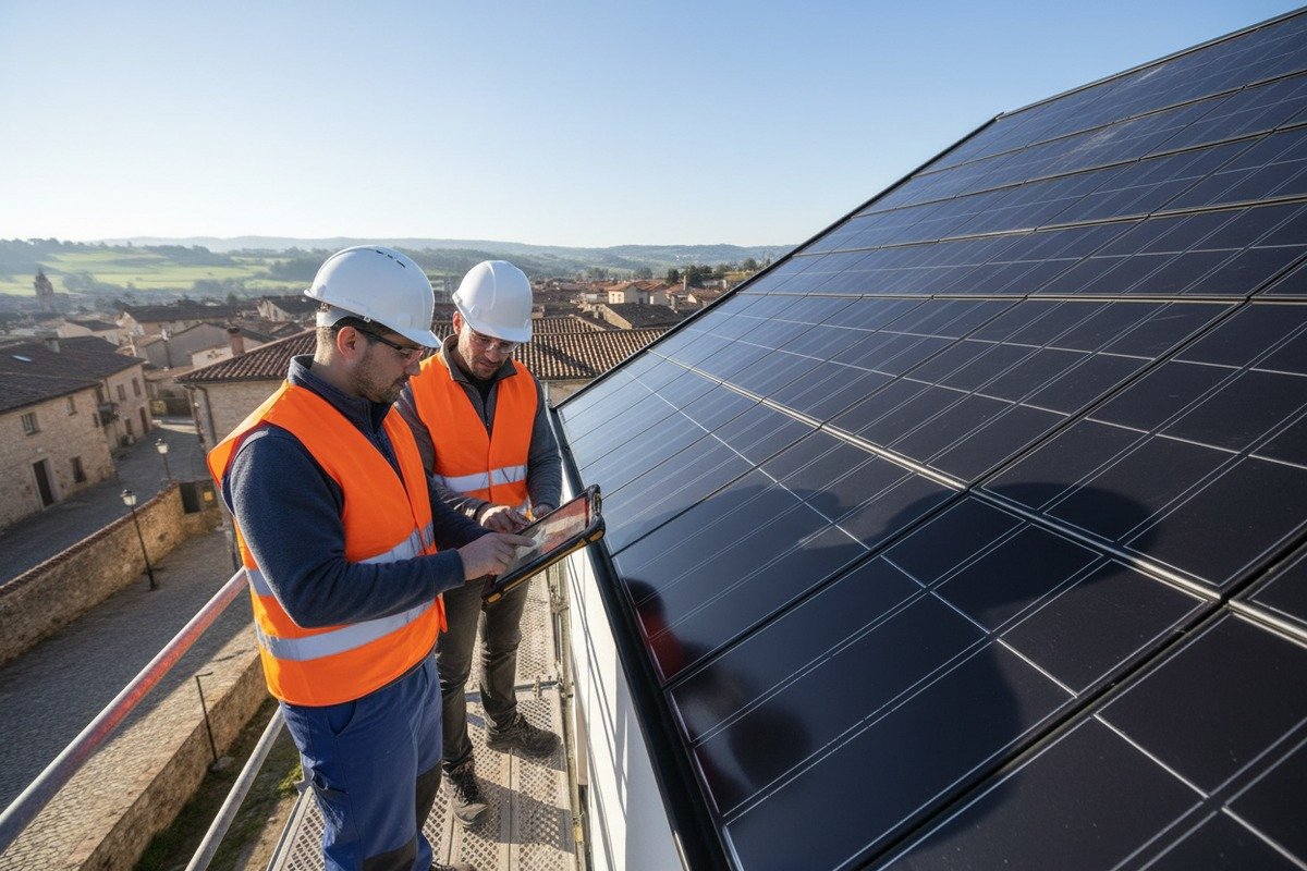 Roofing professional verifying solar shingle weight for European roof load-bearing capacity standards (ID#1)