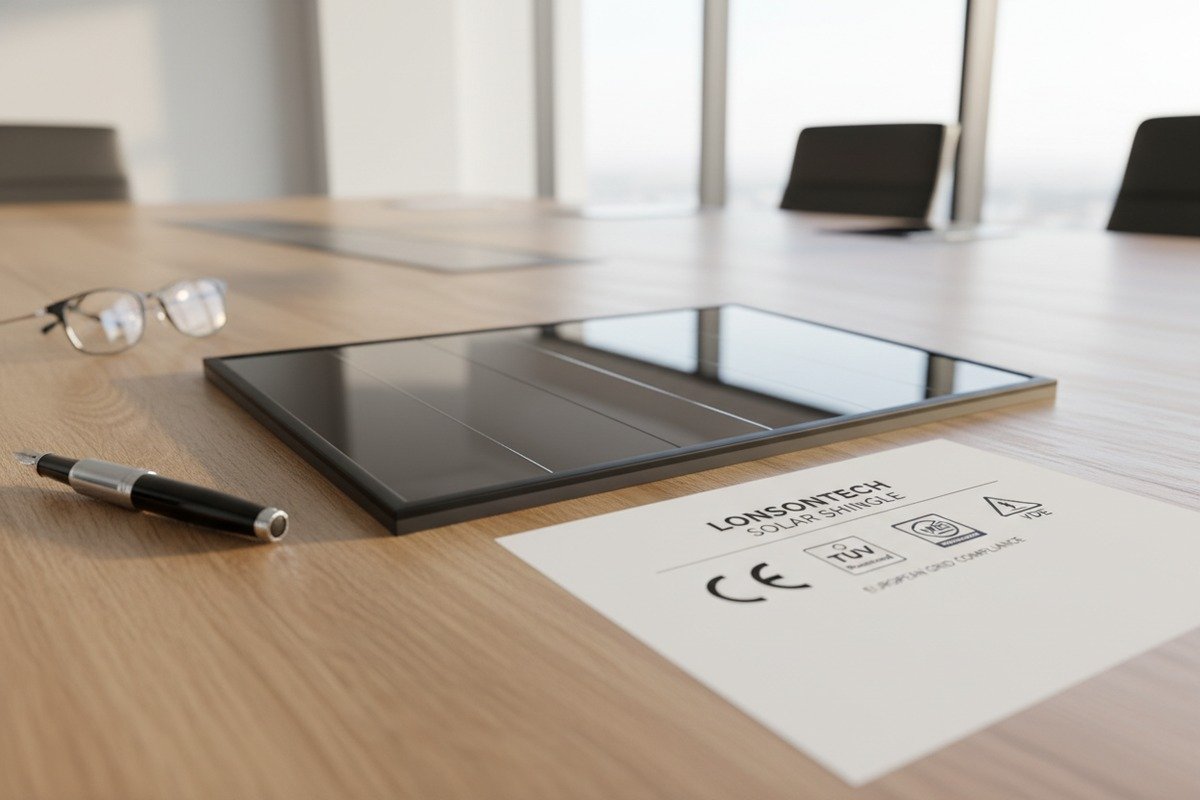 Essential European certifications for solar roof tiles including CE marking and IEC safety standards (ID#3)