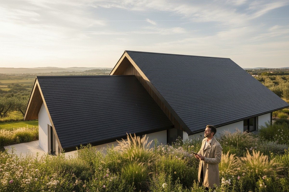 Solar roof shingles integrated seamlessly with traditional European roof tiles for aesthetic energy solutions (ID#1)