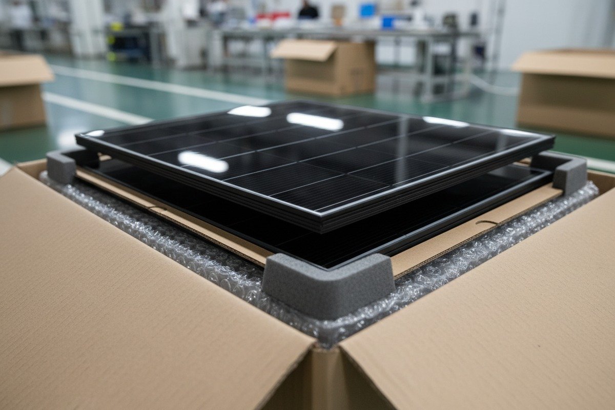 Multi-layer packaging with foam protectors and cardboard separators to prevent solar glass breakage (ID#2)
