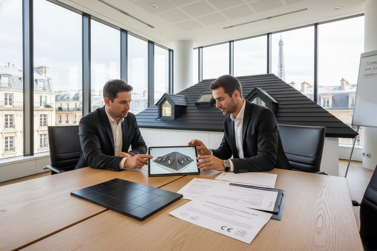 Solar roof shingle supplier providing on-site installation guidance for projects in Europe (ID#1)