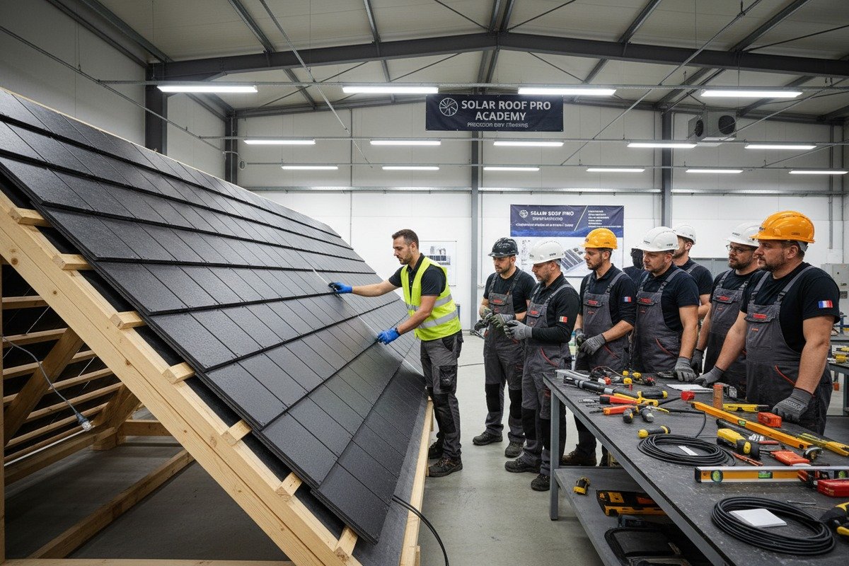 Dedicated engineer training local crew on-site for solar shingle mounting and electrical connections (ID#4)