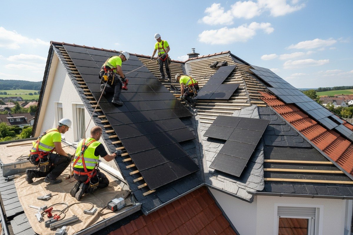 Local European roofing crew using standard tools and specific solar shingle installation hardware (ID#2)