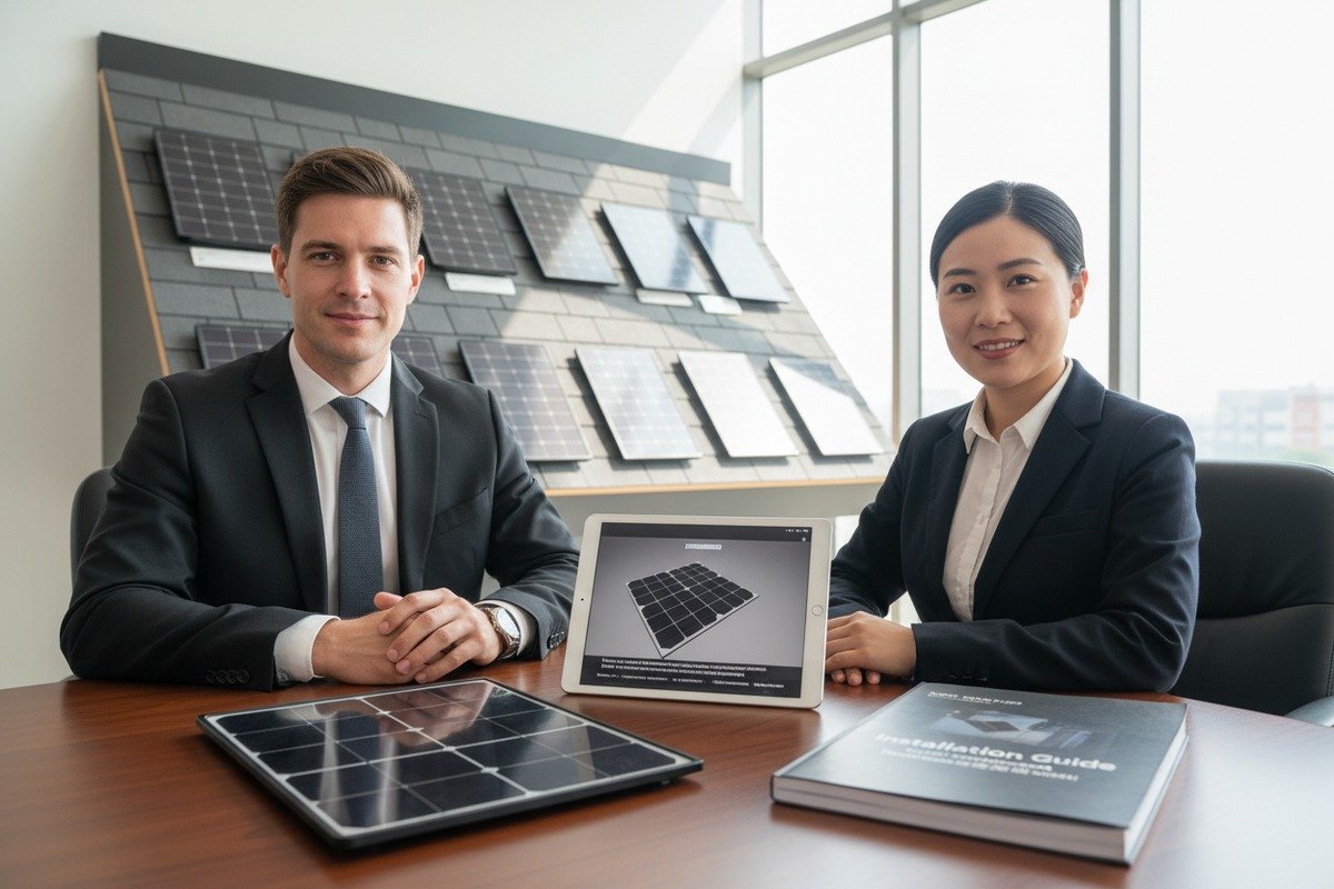 Requesting multilingual manuals and installation videos for solar roof shingles from Chinese manufacturers (ID#1)