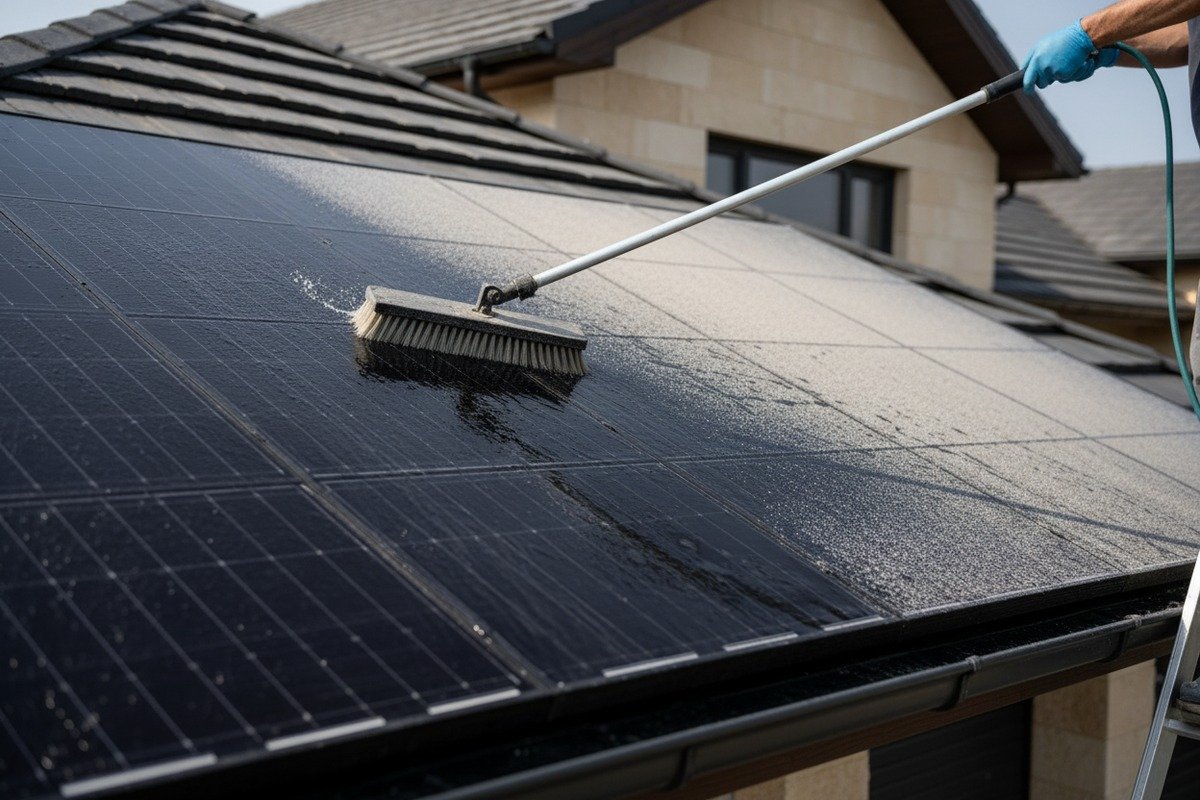 Cleaning solar roof shingles regularly to maintain peak energy output and prevent efficiency loss (ID#2)